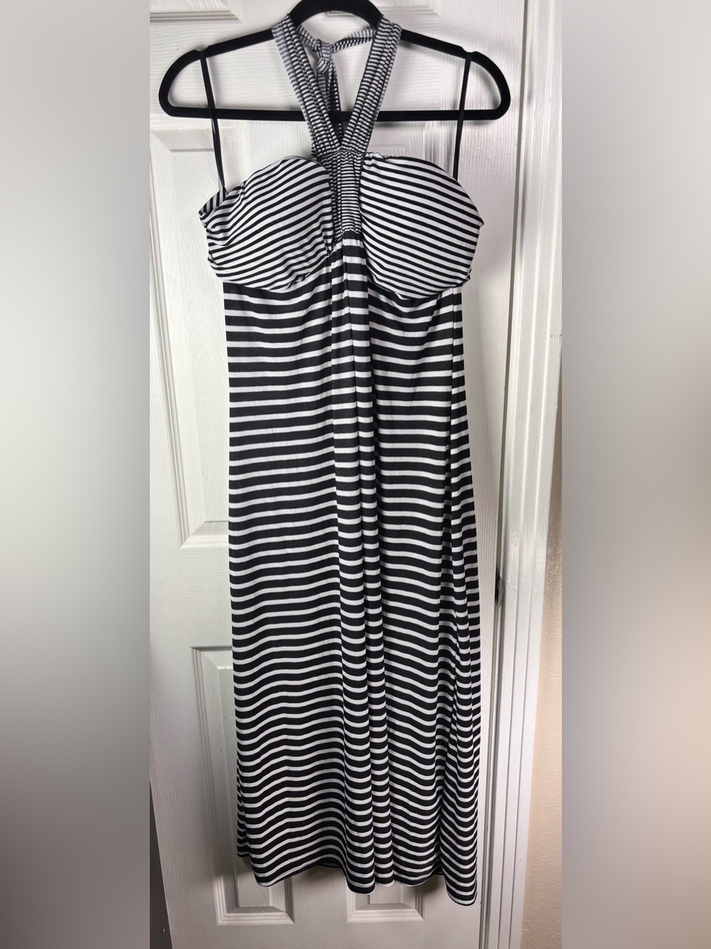 Mlle Gabrielle Black and White Striped Halter Maxi Dress